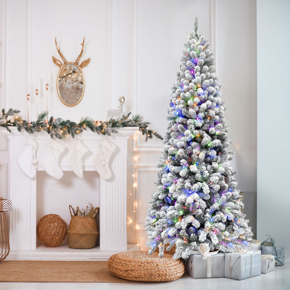 Flocked Alaskan Pine Christmas Tree, 9 Ft., Multi-Color Led String Lighting