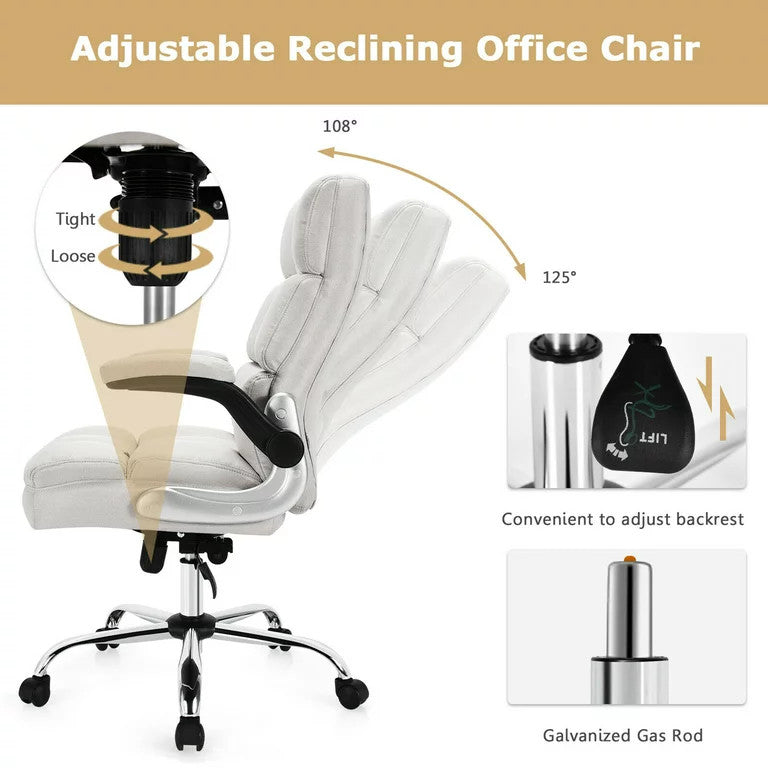 Modern Office Chair, Extra Padded Square Tufted Seat With Flip Up Arms, Beige