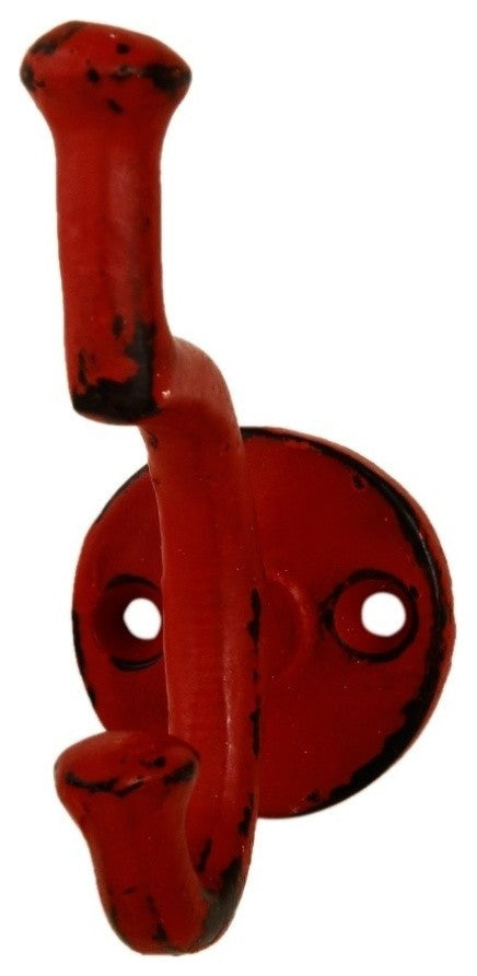 Set of Three Iron Wall Hooks, 3" Height, Distressed Red