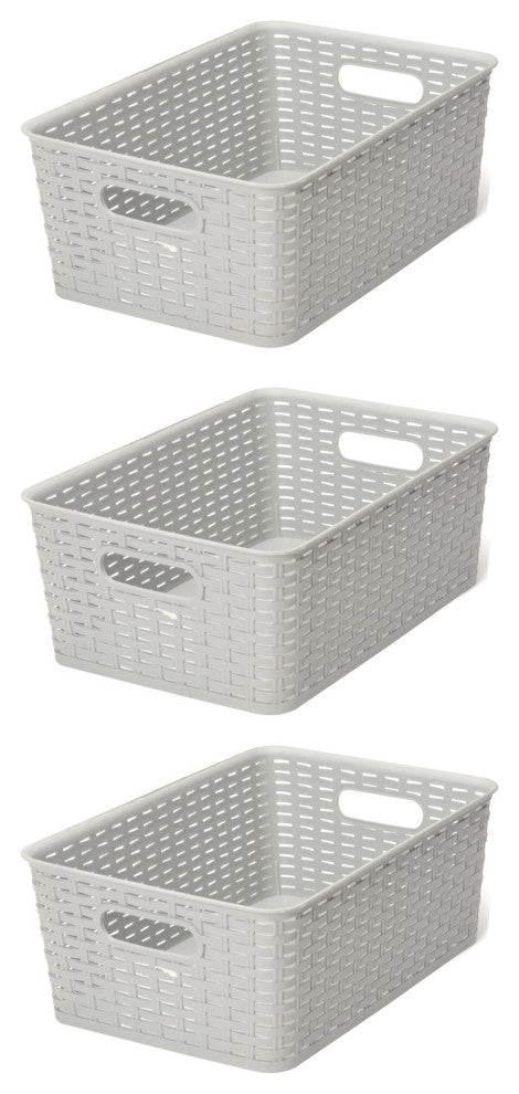Plastic Rattan Storage Box Basket Organizer, Gray, Medium-Pack of 3
