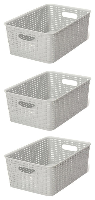 Plastic Rattan Storage Box Basket Organizer, Gray, Medium-Pack of 3