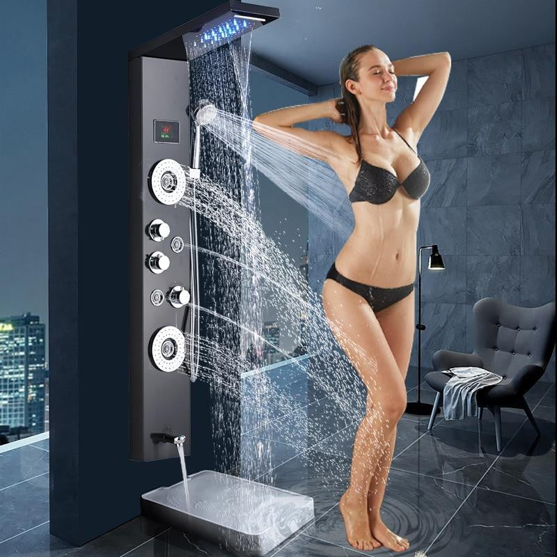 Stainless Steel LED Shower Panel With Massage Jets Waterfall Rainfall