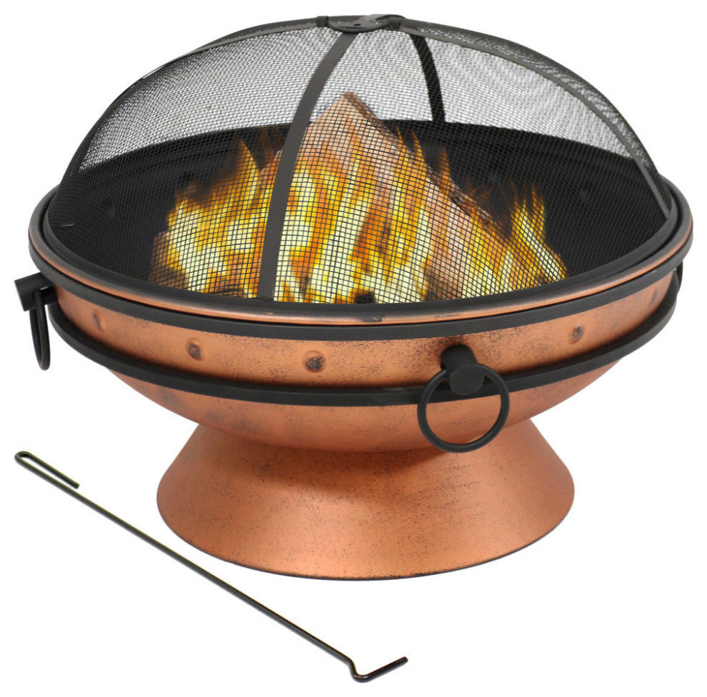 Sunnydaze Royal Cauldron Copper Fire Pit With Handles and Spark Screen, 30"