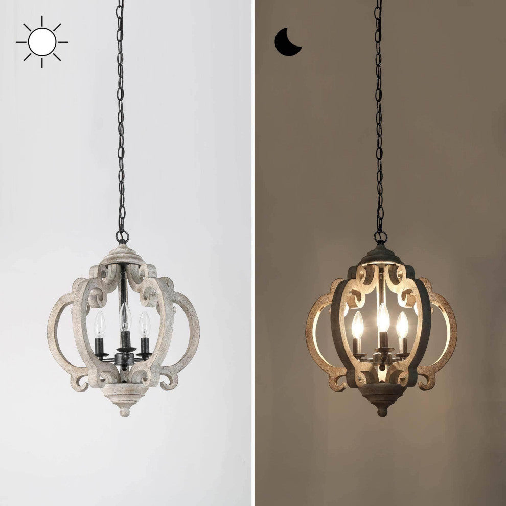LNC 3-Light Distressed Wood Grayish White Farmhouse Latern Chandelier