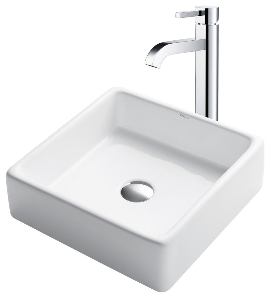 Elavo Square Ceramic Vessel Sink, Bathroom Ramus Faucet, PU Drain, Chrome