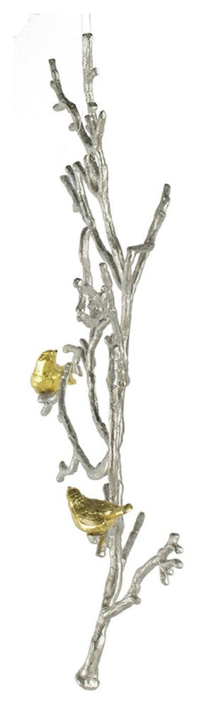 Modern 22" Silver Branch and Golden Birds Wall Art