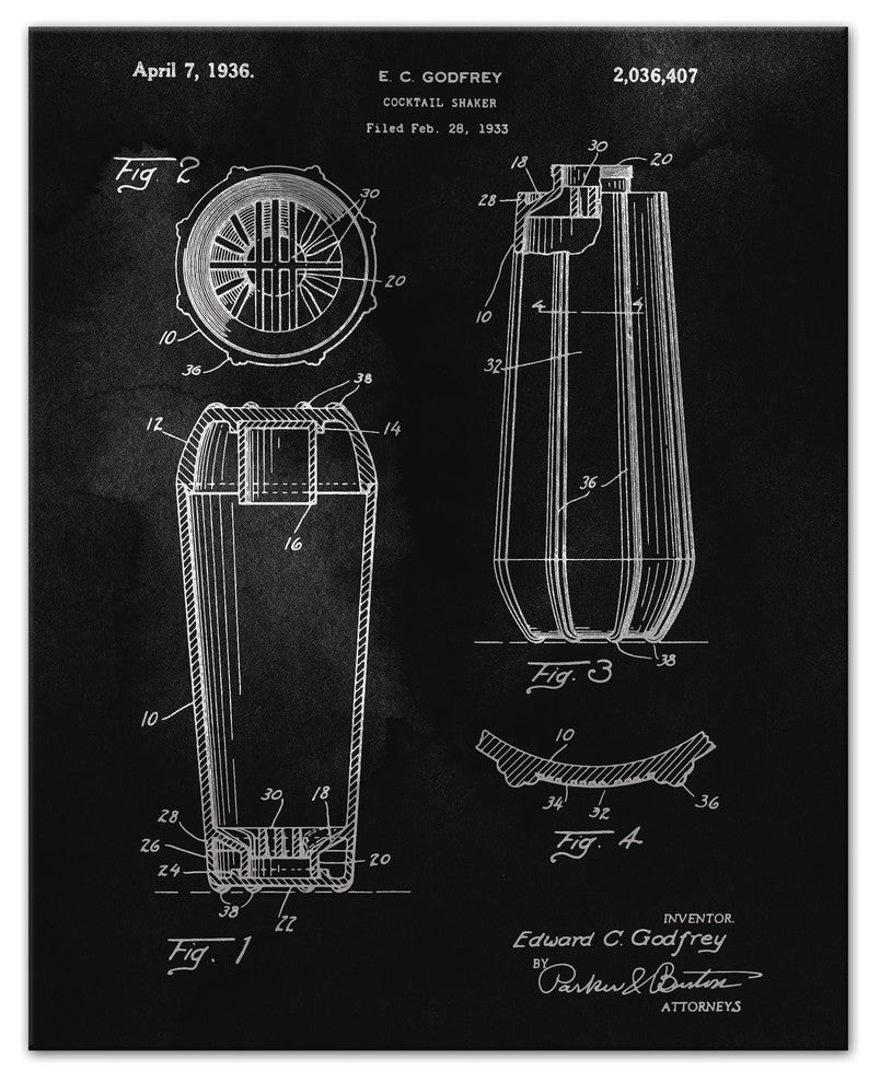 Cocktail Shaker Patent 16x20 Canvas Wall Art