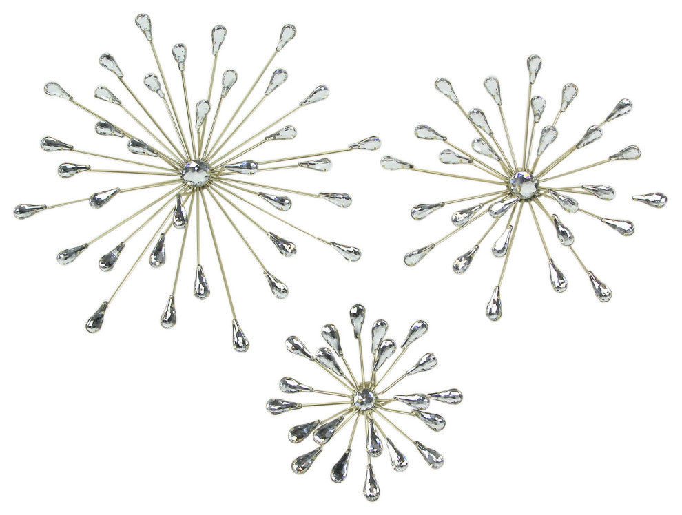Set of 3 Gold Tone Teardrop Starburst Rhinestone Jeweled Metal Wall Art Hanging