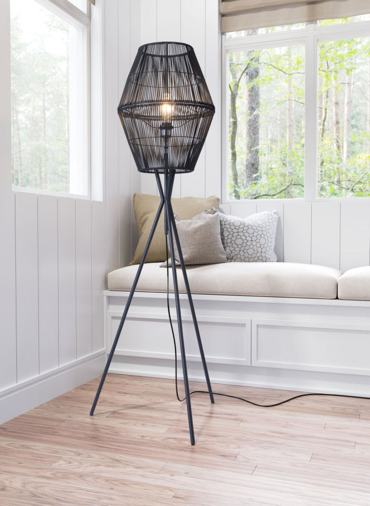 Floor Lamp Light, Steel Metal, Rattan, Black, Kitchen Lounge Cafe Bistro Lobby