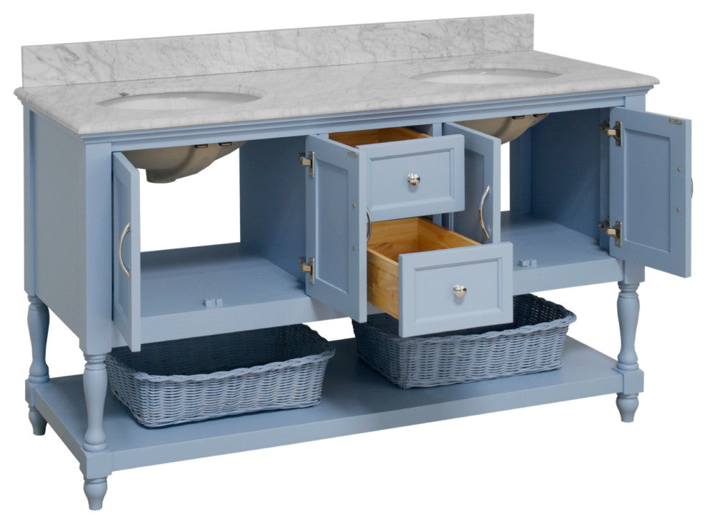 Beverly 60" Bath Vanity, Powder Blue, Carrara Marble, Double Vanity