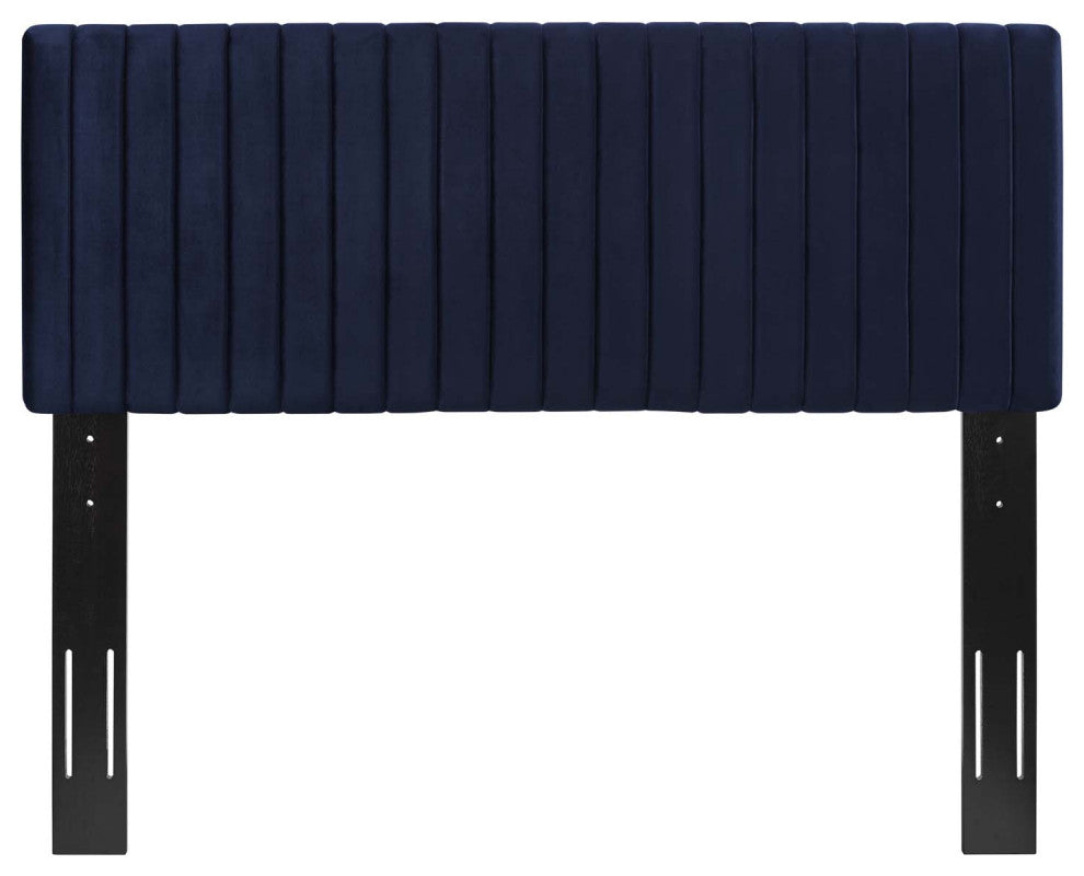Contemporary Modern Full and Queen Size Headbaord, Velvet Fabric, Navy Blue