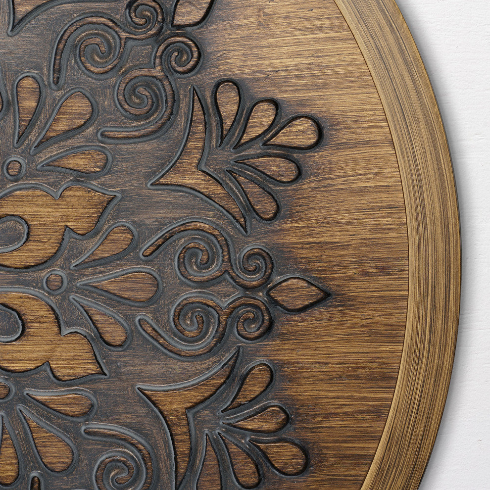 American Art Decor Boho Rustic Farmhouse Wood Framed Wall Medallion Brown, Grey