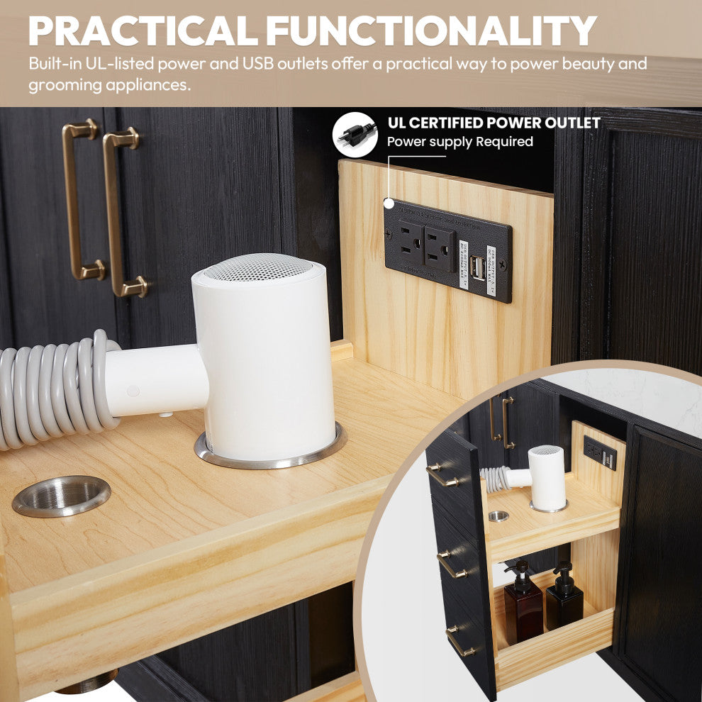 Leon Bath Vanity With Composite Stone Top, Fir Wood Black, 84", With Mirror