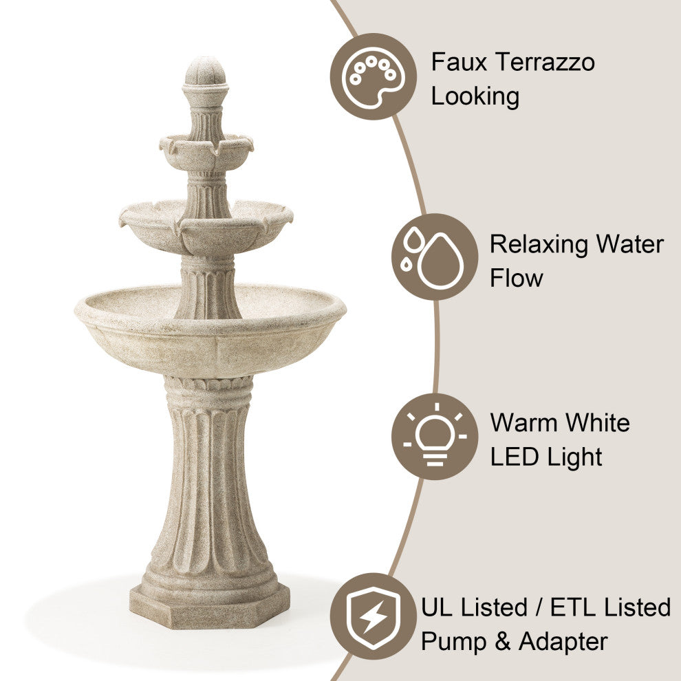 Sand Beige Terrazzo Resin 3-Tier Outdoor Fountain
