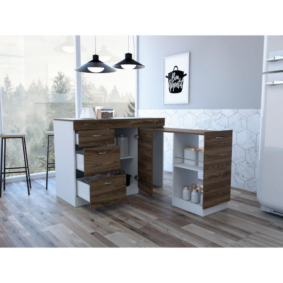 DEPOT E-SHOP Camp Kitchen Base Cabinet with 3 Drawers, Cabinet,White/Dark Walnut