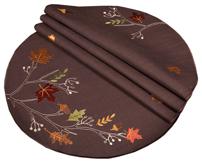 Autumn Branches Embroidered Fall Round Placemats, Coffee, 16" Round, Set of 4