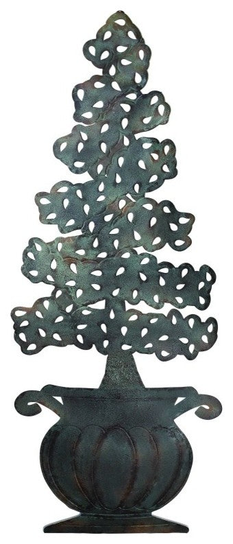 Copper Metal Gray Green Swirl Topiary Plaque, Urn Art Garden Outdoor