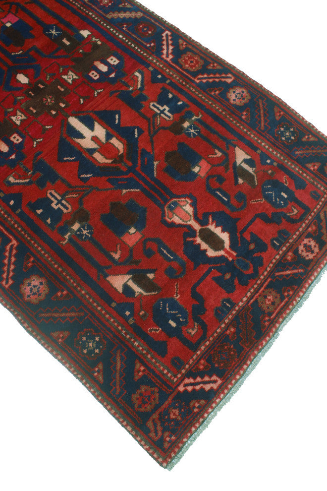 Fine Vintage Distressed Hafiza Navy/Red Runner, 3'5x10'3