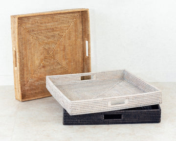 Artifacts Rattan™ Square Ottoman Tray with Cutout Handles, Honey Brown, 20"x20"