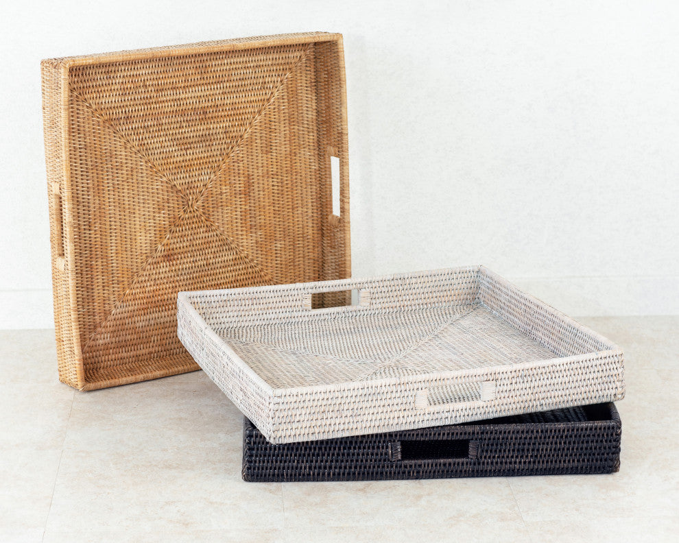 Artifacts Rattan™ Square Ottoman Tray with Cutout Handles, Honey Brown, 20"x20"