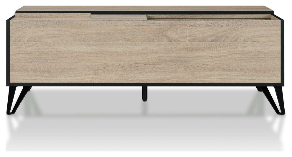 Natural Oak Coffee Table with Black Metal Legs and Hidden Storage Shelves