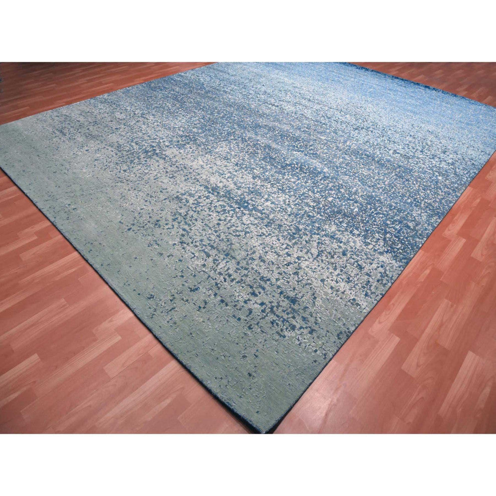 Denim Blue, Pure Silk and Wool, Modern Hand Knotted Oversized Rug, 12'0"x15'0"