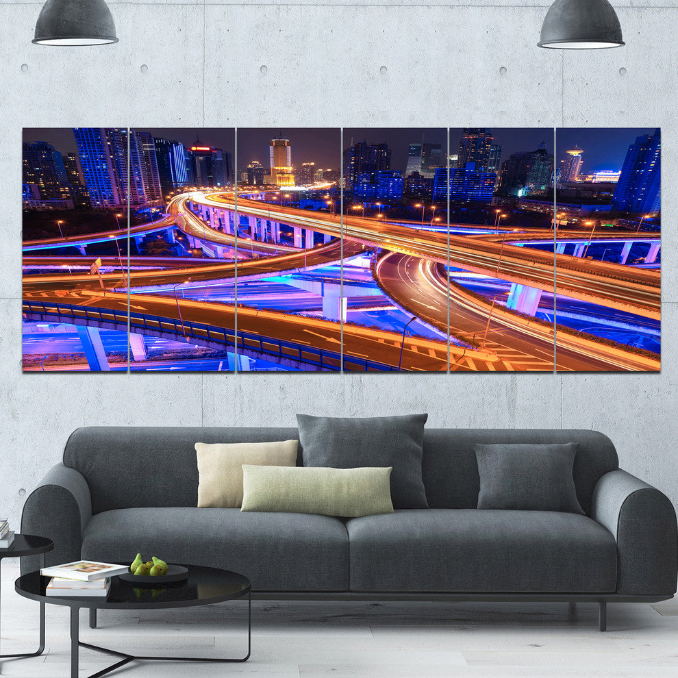 Colorful City Overpass at Night, Cityscape Canvas Art Print, 70"x28", 6 Panels