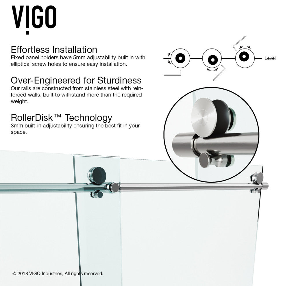 VIGO Ferrara Frameless Sliding Shower Door, Stainless Steel, 72" to 73" W X 74" H, Clear Glass