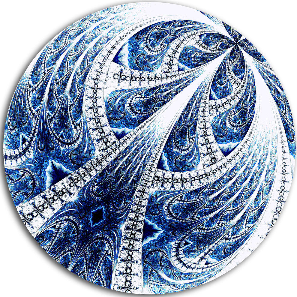 Dark Blue Fractal Flower Pattern Digital, Floral Round Artwork, 23"