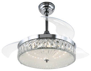42" Decorative Crystal Drum Ceiling Fan with Light and Remote, Foldable Blade, Chrome, Neutral White (4000k)