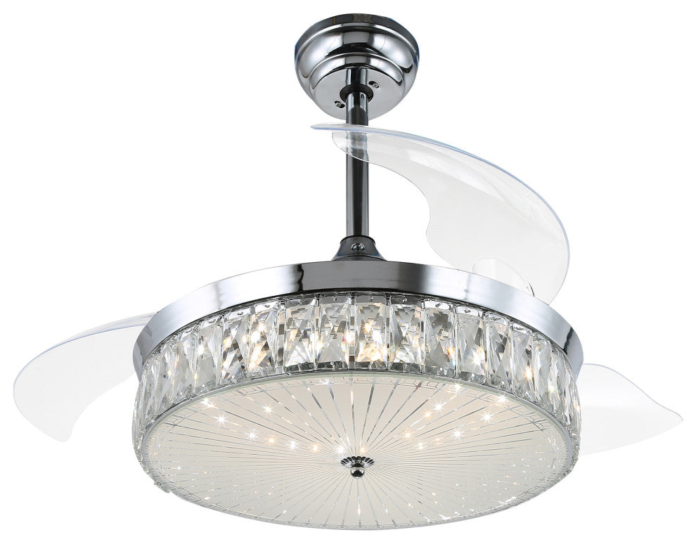 42" Decorative Crystal Drum Ceiling Fan with Light and Remote, Foldable Blade, Chrome, Neutral White (4000k)