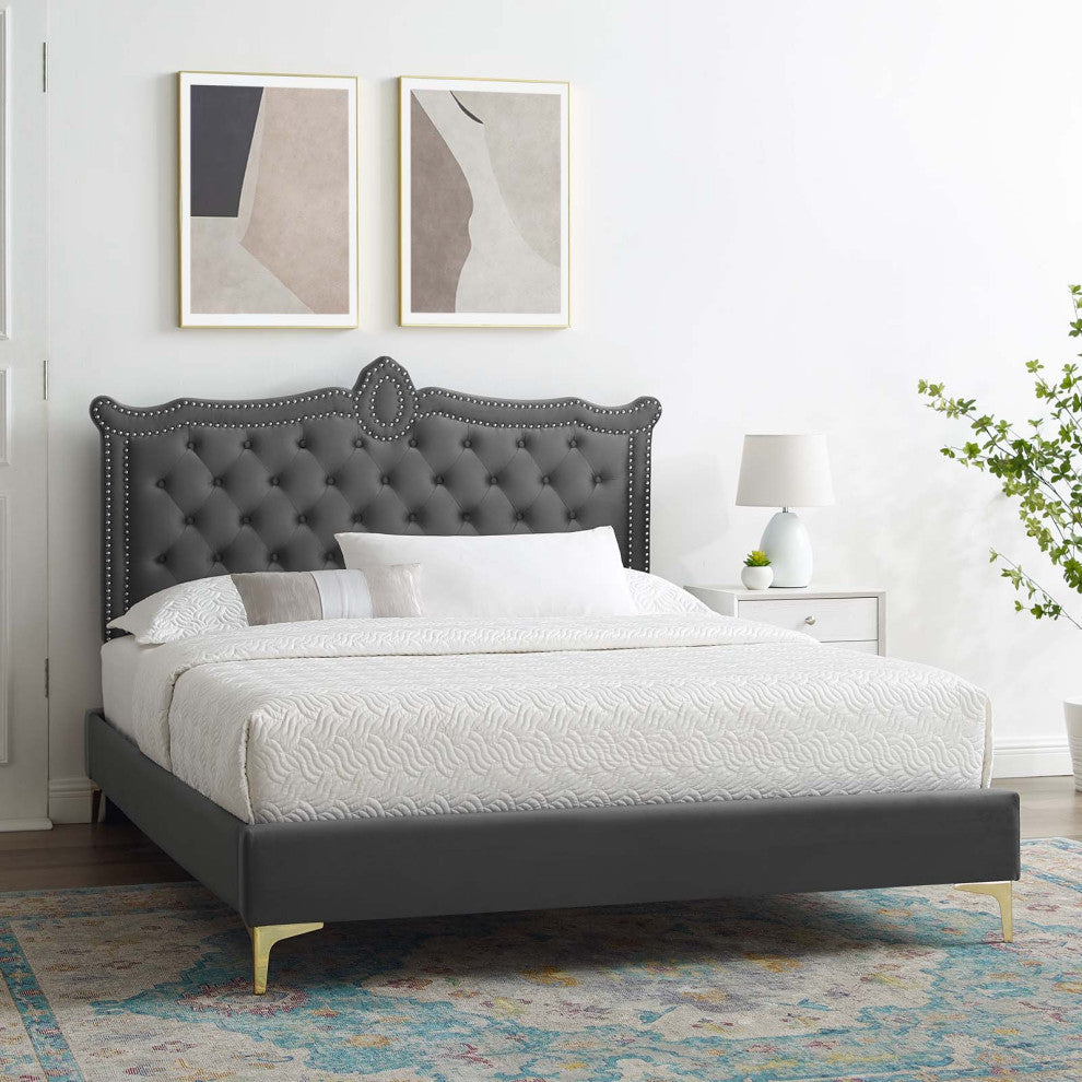 Platform Bed Frame, Nailhead, Queen Size, Charcoal Gray, Velvet, Modern