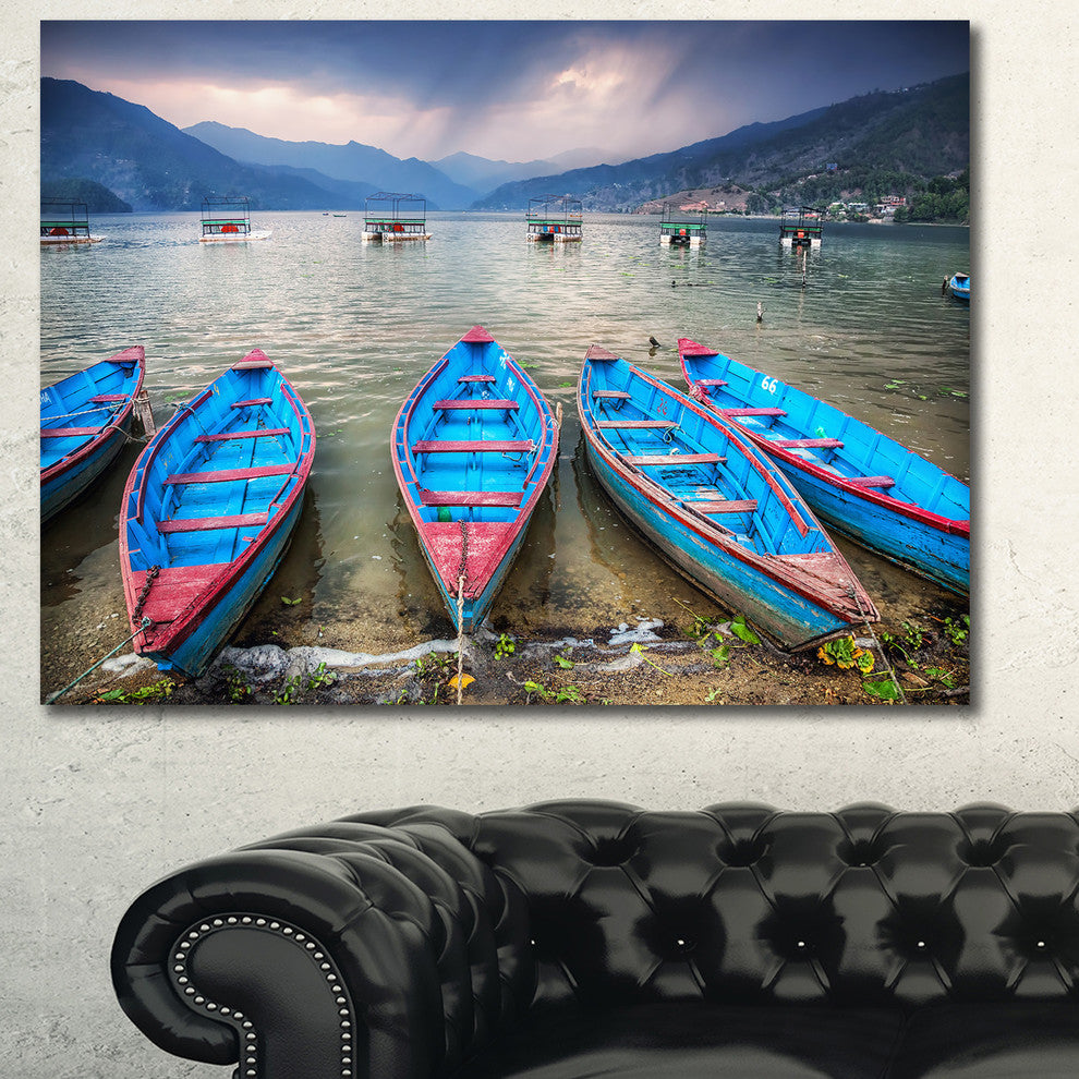Row of Blue Boats in Pokhara Lake, Boat Canvas Art Print, 40"x30"