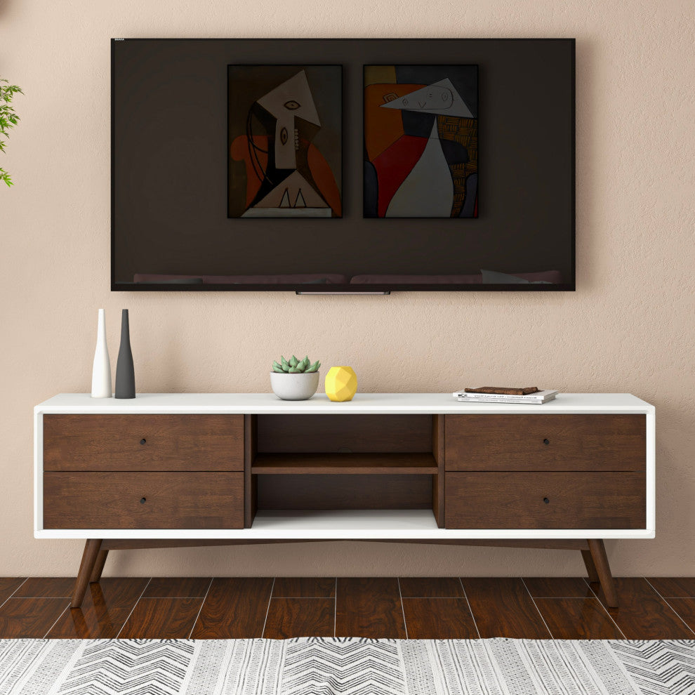 Noak Mid-Century Modern Solid Wood TV Stand With 6 Storage Cabinet, White