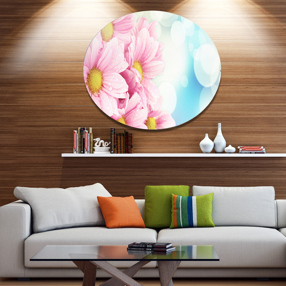 Pink Flowers Bouquet On Blue, Floral Round Wall Art, 11"