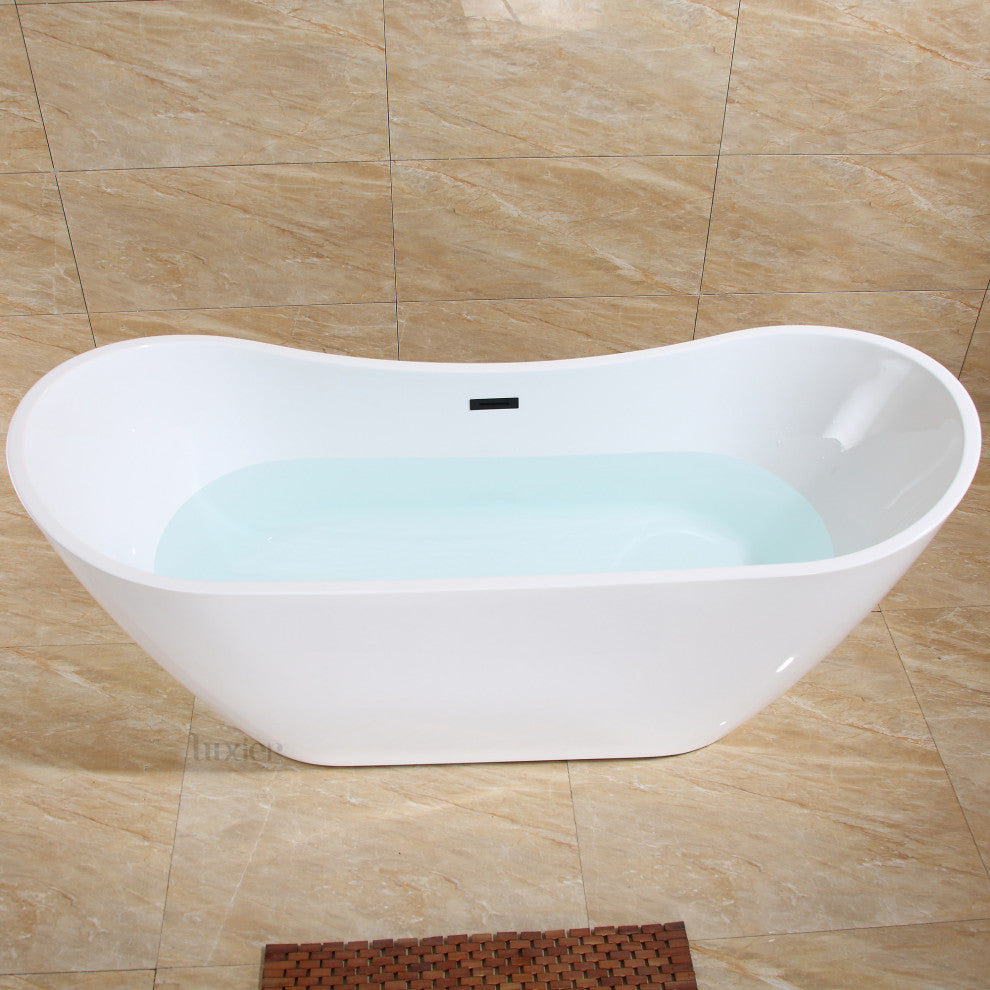 Luxury Contemporary Freestanding Acrylic Bathtub, White, 70", Matte Black