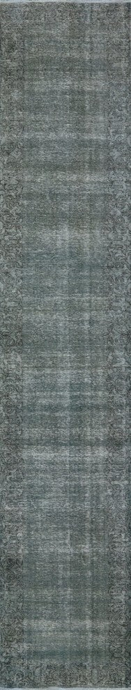 Light Green Overdyed 3'x16' Runner Floral Border Hand Knotted Wool Rug H9144