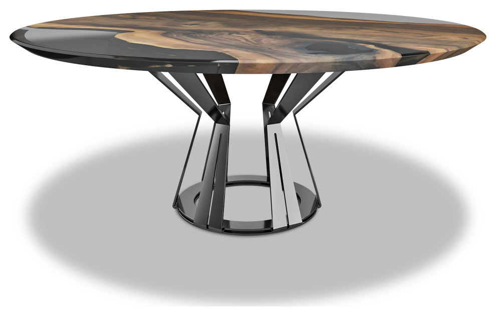 Atalante Walnut Round Table, Smoked Top & Dark Chrome Base, 4 Seater