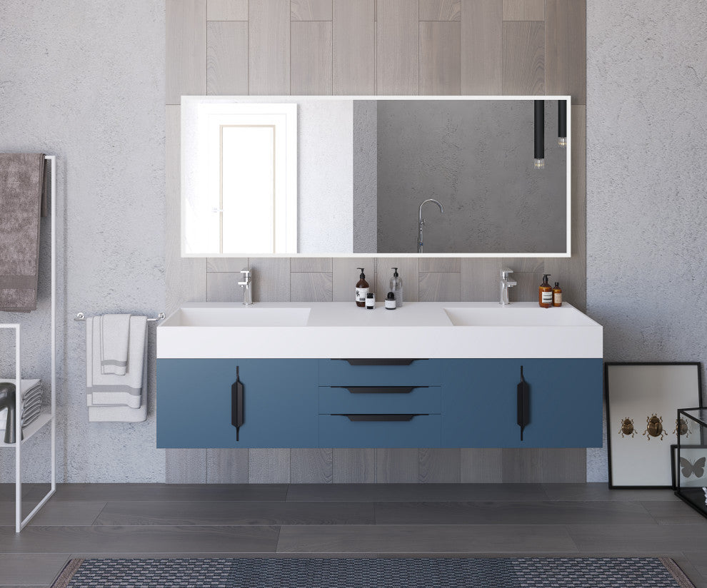 CastelloUSA Amazon 72" Wall Mounted Vanity Set, Blue, White Top, Black Handles