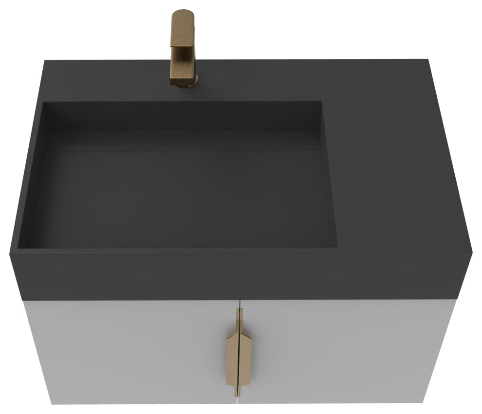 CastelloUSA Amazon 30" Left Wall Mounted Bathroom Vanity Set, Gray, Black Top, Gold Handles