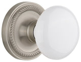 Single Rope Rosette With White Porcelain Knob, Satin Nickel