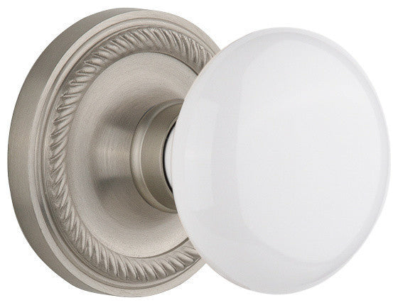 Single Rope Rosette With White Porcelain Knob, Satin Nickel