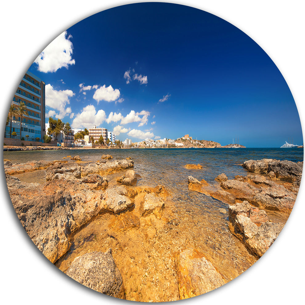Paradise Beach In Ibiza Island, Seashore Photo Round Metal Artwork, 36"
