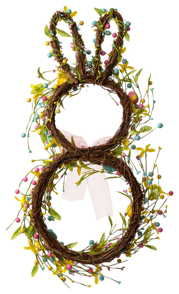 24.5"H Easter Bunny Shaped Wreath With Eggs and Satin Ribbon Bow