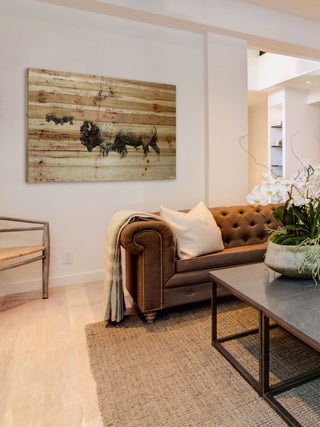"Buffalo Walking" Painting Print on Natural Pine Wood, 36"x24"