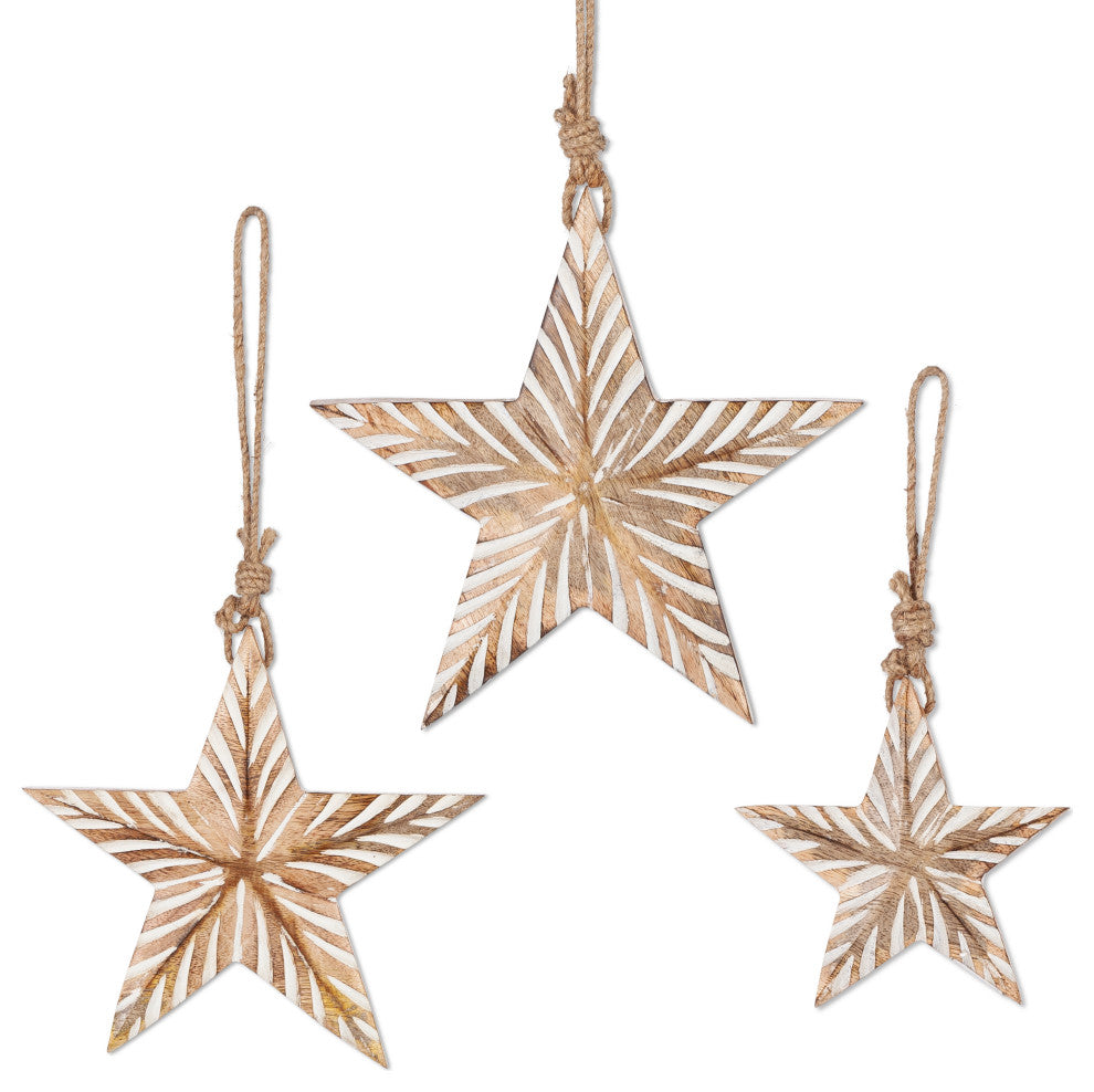 Set of 3, Assorted Hanging Engraved Mango Wood Stars