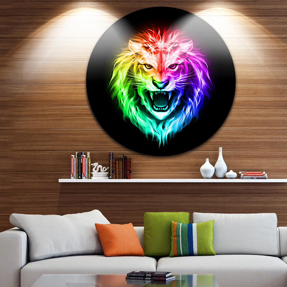 Colorful Fire Lion, Animal Digital Art Large Disc Metal Wall Art, 23"