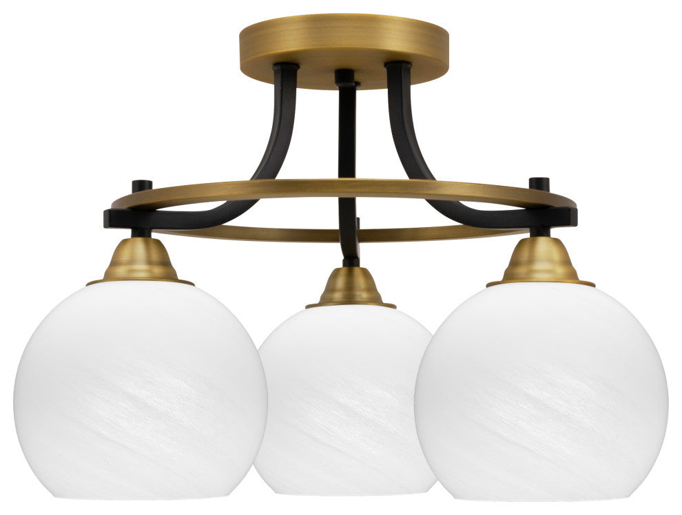 Paramount 3-Light Semi-Flush Light, Matte Black & Brass, 5.75" White Marble