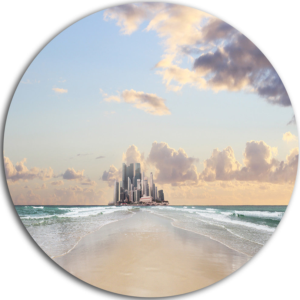 Road Along The Beach To City, Modern Seascape Round Wall Art, 11"
