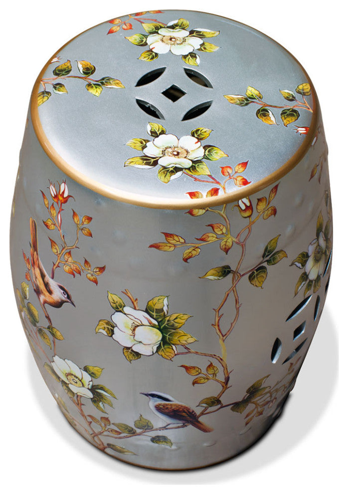 Silver Famille Jaune Peony and Bird Motif Asian Garden Stool